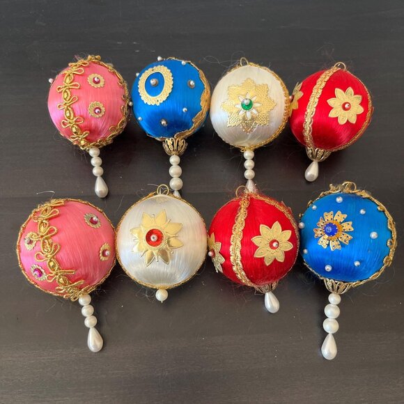 Vintage Beaded Satin Ball Ornaments // Handmade Gold Trimmed Push Pin Pearls - Picture 1 of 5